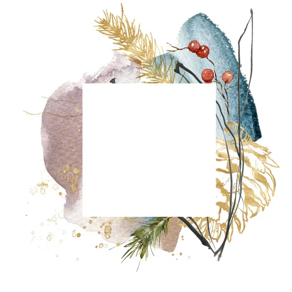 Acuarela Navidad marco abstracto de cono de pino de oro, bayas rojas y rama de abeto. Plantas de invierno pintadas a mano aisladas sobre fondo blanco. Ilustración de vacaciones para diseño, impresión o fondo. —  Fotos de Stock