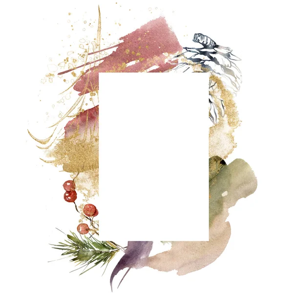 Acuarela Navidad marco abstracto de cono de oro y pino negro, bayas y rama de abeto. Plantas de invierno pintadas a mano aisladas sobre fondo blanco. Ilustración de vacaciones para diseño, impresión o fondo. — Foto de Stock