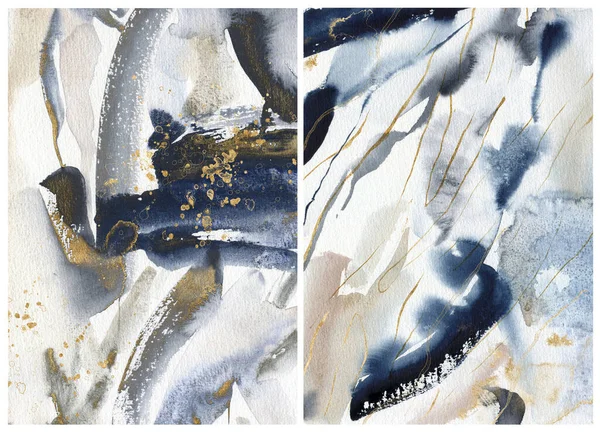 Acquerello Natale texture astratta di macchie blu, bianco e oro. Dipinti a mano inverno mare o oceano sfondo. Illustrazione acquatica per design, stampa o sfondo. — Foto Stock