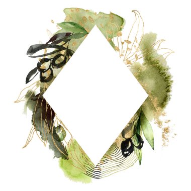 Altın rengi rombik çerçeve ve siyah zeytin dalları. Beyaz arka planda izole edilmiş el yapımı yapraklar ve böğürtlenlerden oluşan doğrusal sınır. Tasarım, baskı, kumaş veya arkaplan için bitki çizimi.