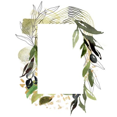 Siyah zeytin, altın yapraklar ve dallardan oluşan suluboya çerçeve. Beyaz arka planda izole edilmiş el yapımı yapraklar ve böğürtlenlerden oluşan doğrusal sınır. Tasarım, yazdırma veya arkaplan için bitki çizimi.