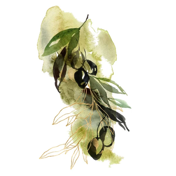Akvarellkort av svarta oliver, guldgrenar och linjära blad. Handmålade naturkomposition isolerad på vit bakgrund. Växtillustration för design, tryck, tyg eller bakgrund. — Stockfoto