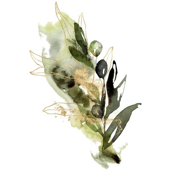Watercolor card of olives, gold branches and linear leaves. Hand painted nature composition isolated on white background. Plants illustration for design, print, fabric or background.