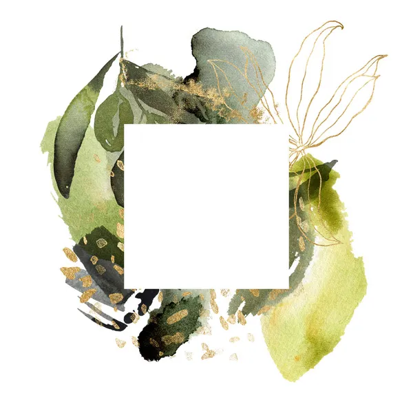 Aquarelle cadre carré d'olives noires, feuilles d'or et branches. Bordure linéaire dessinée à la main de feuilles et de baies isolées sur fond blanc. Illustration végétale pour la conception, l'impression ou le fond. — Photo