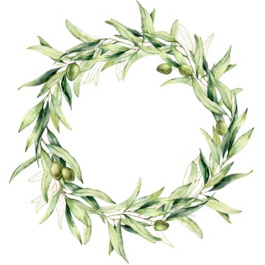 Yeşil ve altın dallı suluboya zeytin çerçevesi. Beyaz arka planda izole edilmiş el yapımı yapraklar ve böğürtlenlerden oluşan doğrusal sınır. Tasarım, baskı, kumaş veya arkaplan için bitki çizimi.