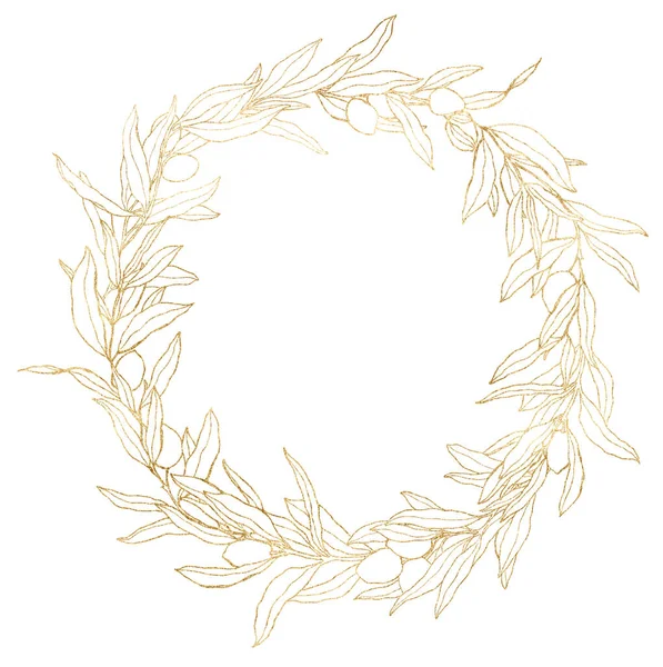 Watercolor olive frame of gold berries and branches. Hand drawn linear border of leaves isolated on white background. Plant illustration for design, print, fabric or background. — Stock Photo, Image