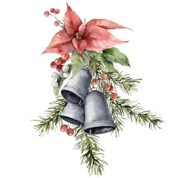 Watercolor Christmas composition of poinsettia, bells and spruce branches. Hand painted holiday card of flowers and plants isolated on white background. Illustration for design, print, background. — Stock Photo, Image