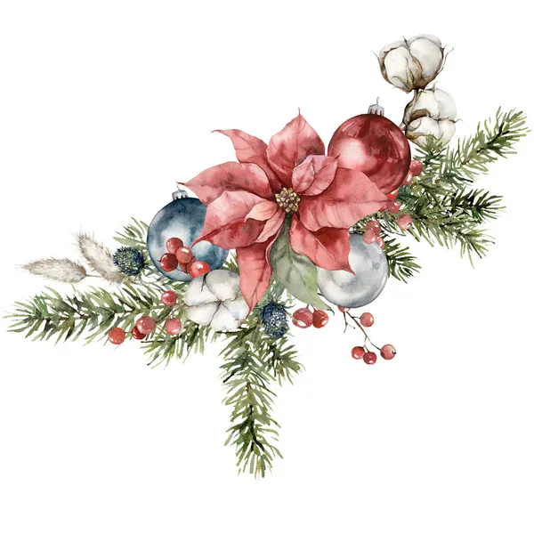 ポインセチアの水彩画構成、クリスマスツリーのおもちゃやトウヒの枝。白い背景に隔離された花や休日のシンボルの手描きのカード。デザイン、印刷、背景のためのイラスト. — ストック写真