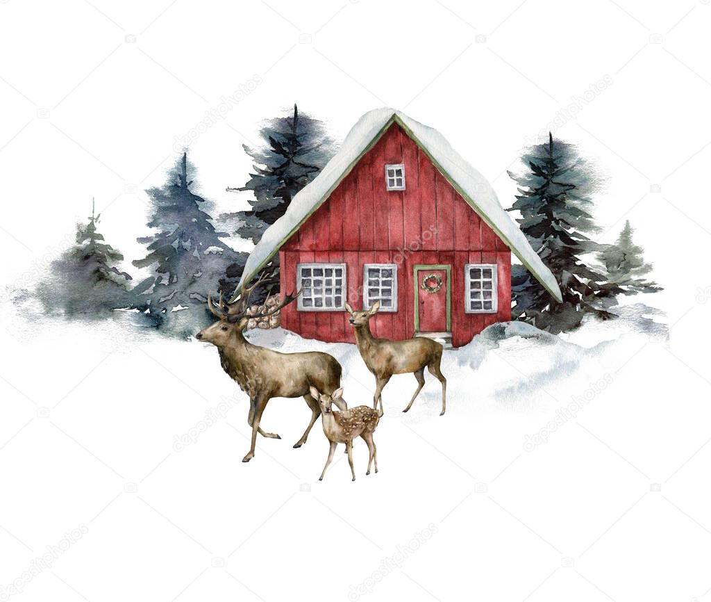 Watercolor Christmas card with winter forest, house and family of deer. Hand painted fir trees and animals isolated on white background. Holiday illustration for design, print, fabric or background.