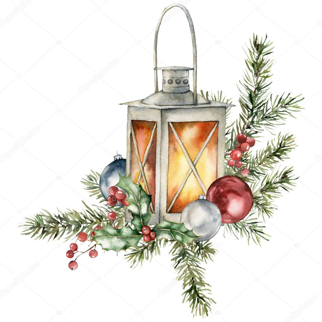 Watercolor composition of lantern, Christmas tree toys and spruce branches. Hand painted holiday card of flower and plants isolated on white background. Illustration for design, print, background.