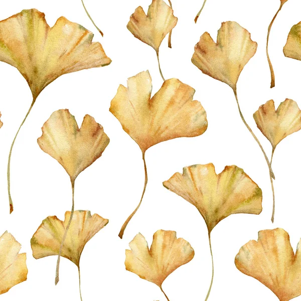 Wasserfarbe tropischen nahtlosen Muster von trockenen Ginkgo-Blättern. Handgemalter exotischer Pflanzenstrauß isoliert auf weißem Hintergrund. Florale Illustration für Design, Druck, Stoff oder Hintergrund. — Stockfoto