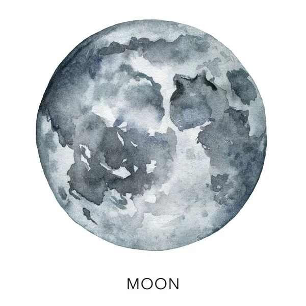 Akvarell absztrakt szürke Hold. Kézzel festett műhold elszigetelt fehér háttérrel. Minimális tér illusztráció tervezés, nyomtatás, szövet vagy háttér. — Stock Fotó