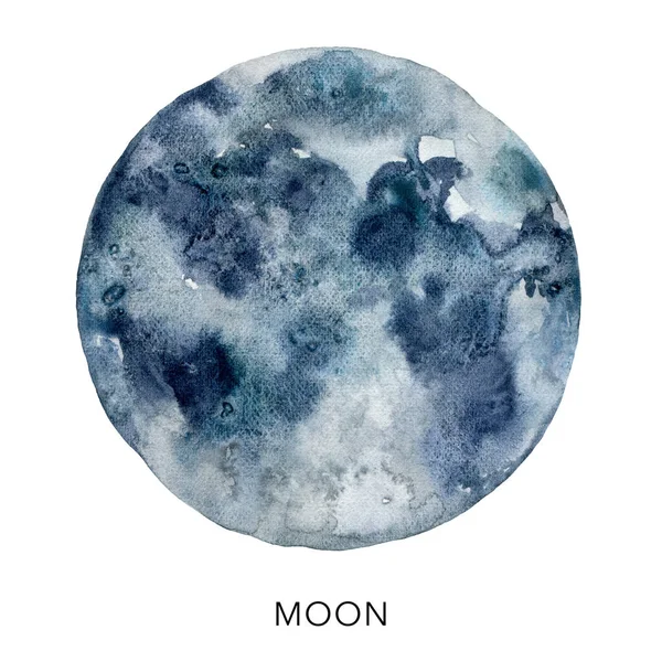 水彩画抽象的深蓝色月亮.白色背景上的手工彩绘卫星。设计,印刷品,面料或背景的最小空间图解. — 图库照片