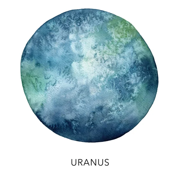 水彩画抽象蓝色天王星行星。白色背景上的手工彩绘卫星。设计,印刷品,面料或背景的最小空间图解. — 图库照片