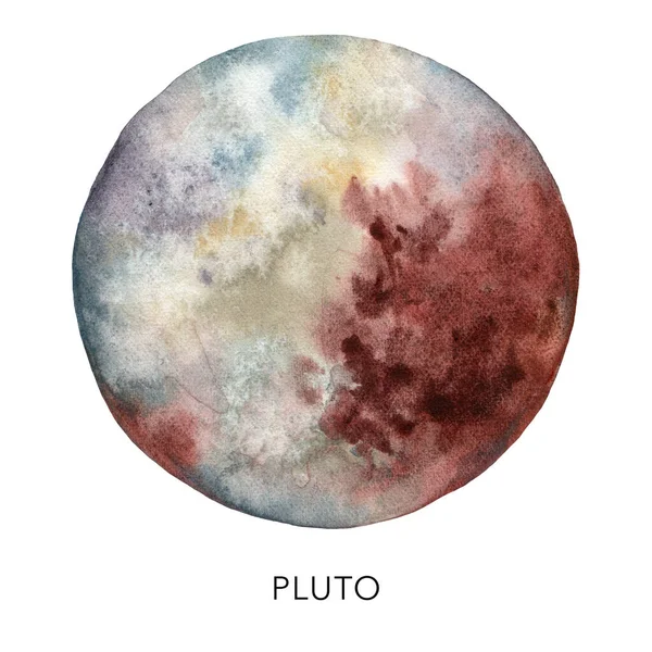 水の色の抽象的な冥王星惑星。白い背景に隔離された手描きの衛星。デザイン、プリント、ファブリックまたは背景のための最小限のスペースイラスト. — ストック写真