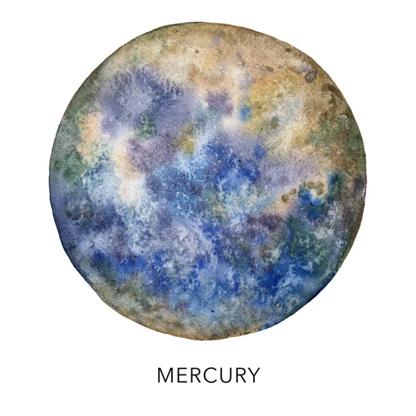 Aquarel abstracte Mercurius planeet. Met de hand geschilderde satelliet geïsoleerd op witte achtergrond. Minimalistische ruimte illustratie voor ontwerp, bedrukking, stof of achtergrond. — Stockfoto