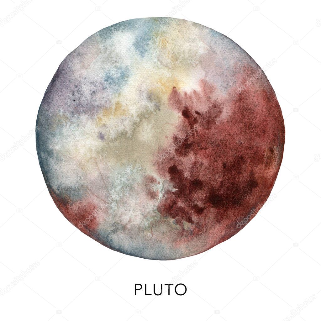 Watercolor abstract Pluto planet. Hand painted satellite isolated on white background. Minimalistic space illustration for design, print, fabric or background.