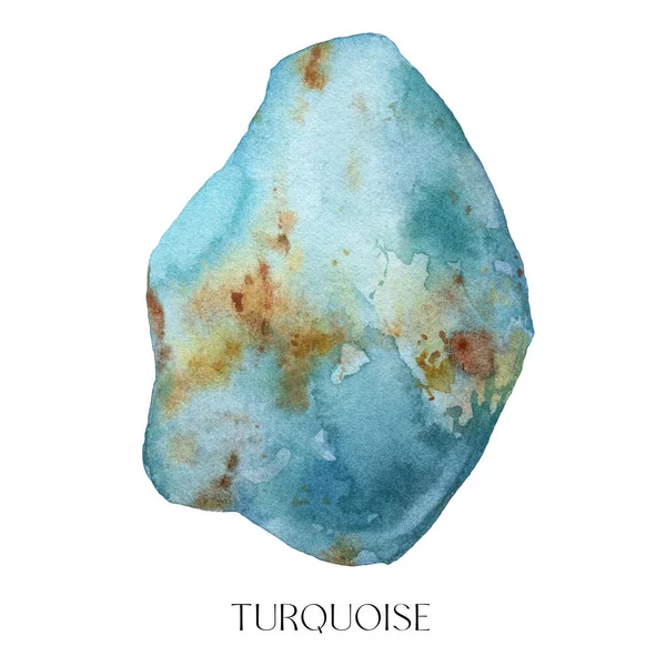 Akvarell abstrakt turkos sten. Handmålade juvel sten isolerad på vit bakgrund. Minimalistisk illustration för design, tryck, tyg eller bakgrund. — Stockfoto