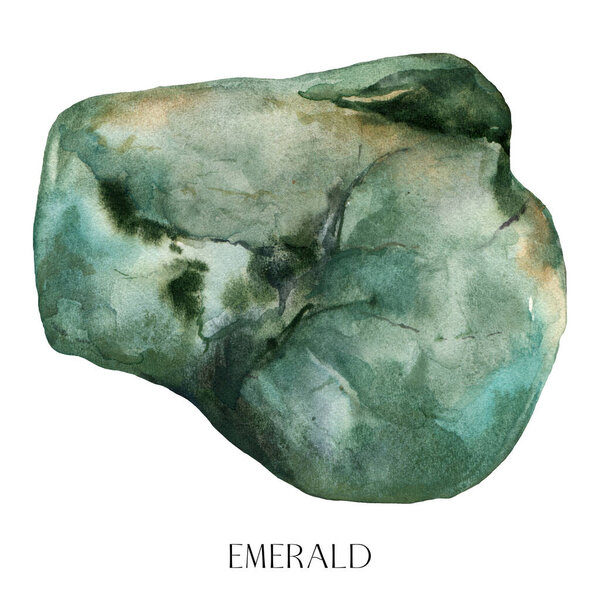 Акварель абстрактный изумрудный камень. Камень, раскрашенный вручную, выделен на белом фоне. Минималистическая иллюстрация для дизайна, печати, ткани или фона.