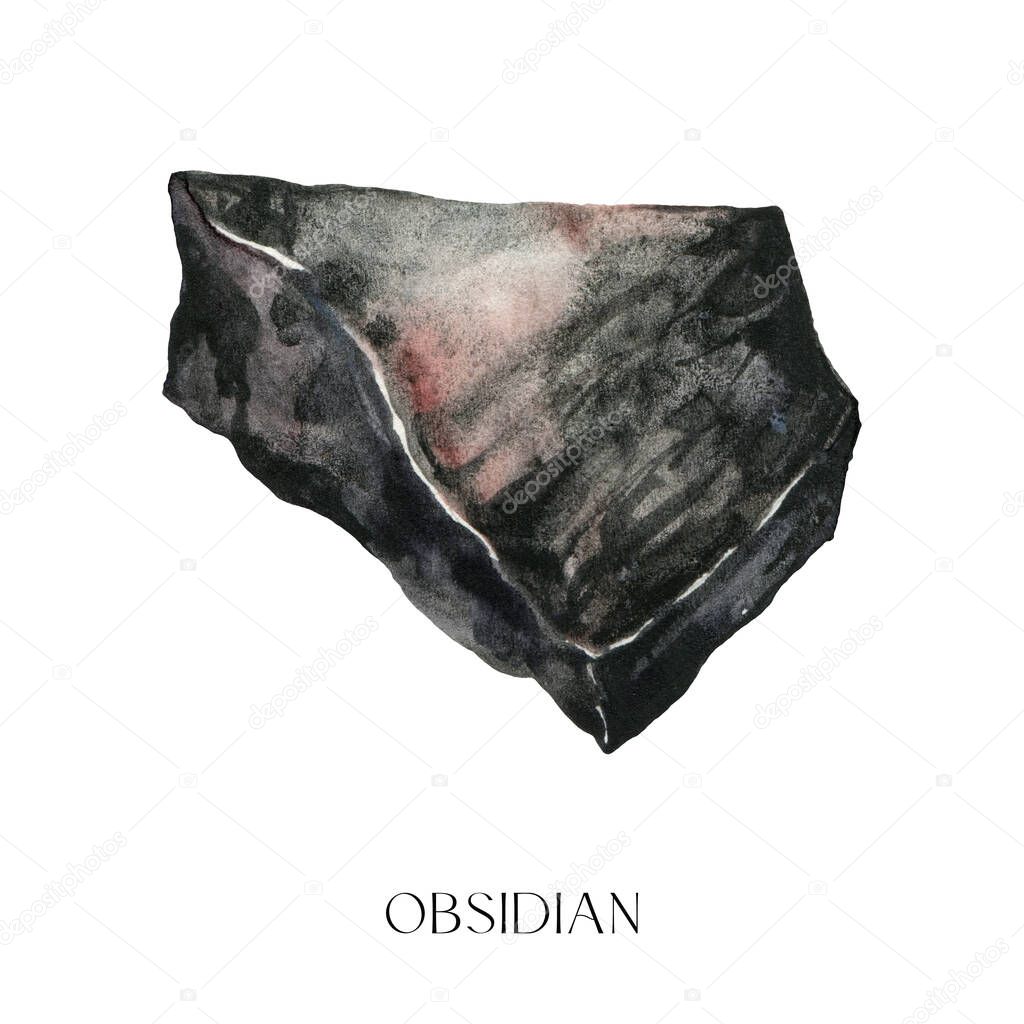 Watercolor abstract obsidian stone. Hand painted jewel stone isolated on white background. Minimalistic illustration for design, print, fabric or background.