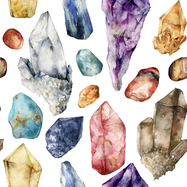 Vattenfärg esoteriska ädelstenar sömlös mönster. Handmålade exotiska kristaller isolerade på vit bakgrund. Illustration för design, tryck, tyg eller bakgrund. — Stockfoto