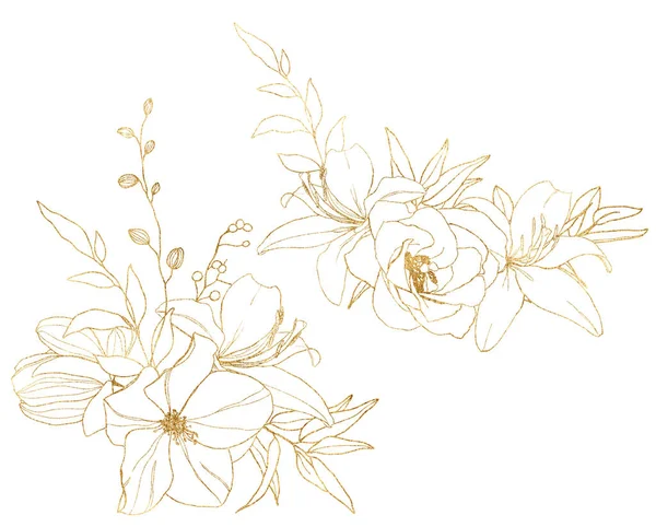 라 푼 쿨 루스 , 백합 , 로터스 , 마뇰 리아 , 및 장미로 되어 있는 황금빛 가로대. 손으로 초원의 꽃 과 잎사귀를 흰색 배경에 칠하였다. 설계, 인쇄물, 배경에 대한 식물상의 삽화. — 스톡 사진
