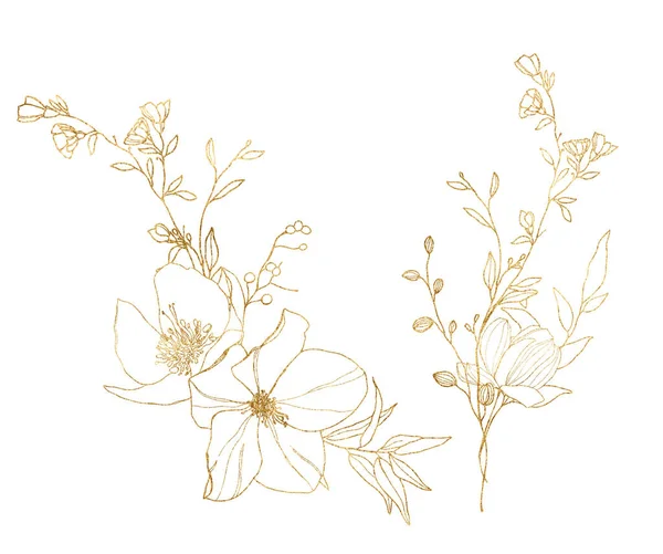 Aquarell Gold lineares Bouquet von Lilie, Lotus, Magnolie, Rose und Hahnenfuß. Handbemalte Wiesenblumen und Blätter isoliert auf weißem Hintergrund. Florale Illustration für Design, Druck oder Hintergrund. — Stockfoto