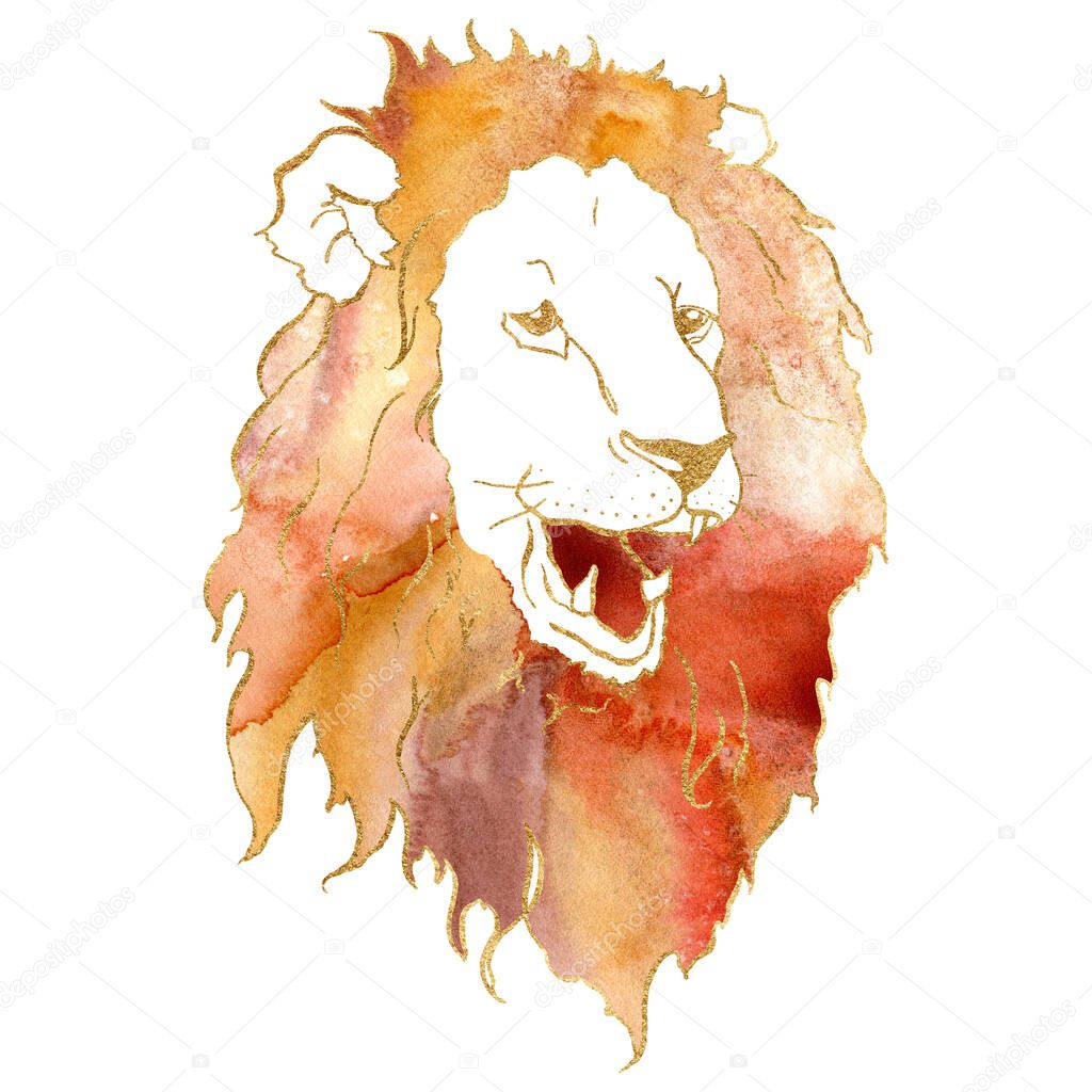 Watercolor zodiak sign leo. Hand painted abstract card with lion isolated on white background. Minimalistic gold linear illustration for design, print, fabric or background.