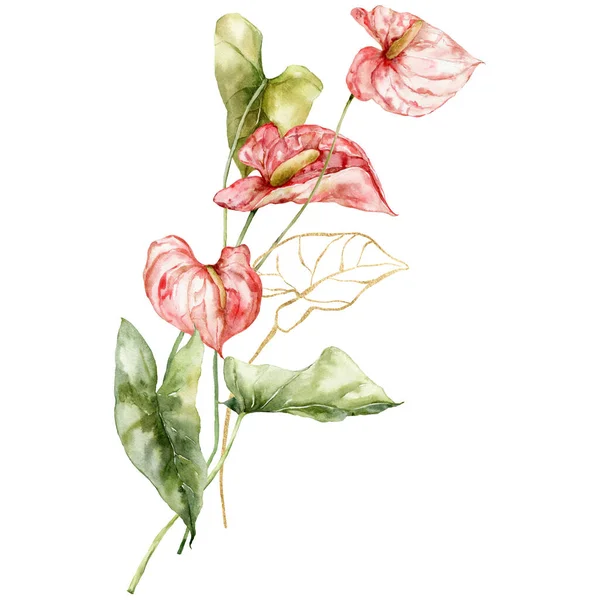 Aquarell Tropische Blumen Bouquet Von Linearen Anthurium Und Blattgold Handbemaltes — Stockfoto