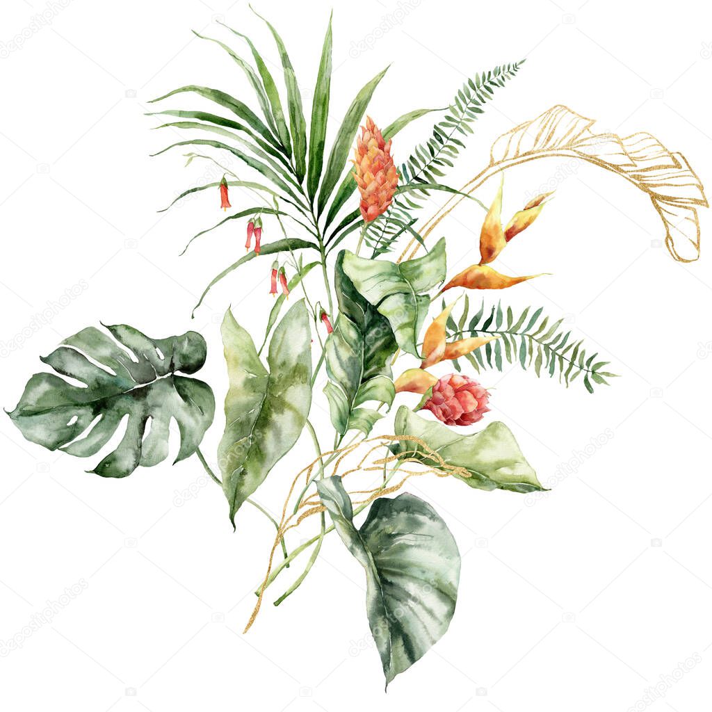 Watercolor tropical flowers bouquet of linear etlingera, gold heliconia and fern. Hand painted floral poster isolated on white background. Holiday Illustration for design, print, fabric or background