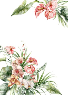 Watercolor tropical flowers border of orchid, monstera and anthurium. Hand painted floral frame isolated on white background. Holiday Illustration for design, print, fabric or background