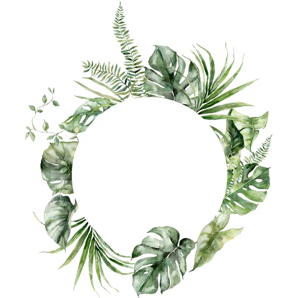 Aquarel Tropische Bladeren Cirkel Frame Van Monstera Banaan Varen Handbeschilderde — Stockfoto