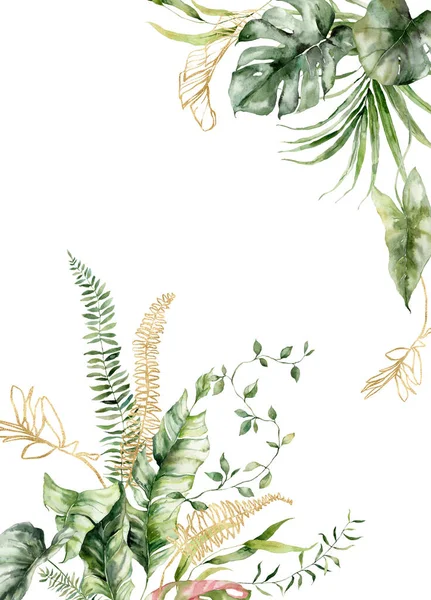 Akvarel Tropické Květiny Ohraničení Lineární Banán Zlatá Příšera Kapradí Ručně — Stock fotografie