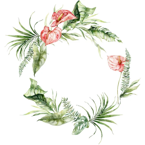 Watercolor Tropical Flowers Circle Frame Anthurium Monstera Banana Fern Hand — Zdjęcie stockowe