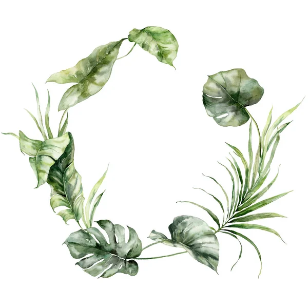 Watercolor Tropical Leaves Wreath Monstera Banana Fern Hand Painted Floral — стоковое фото