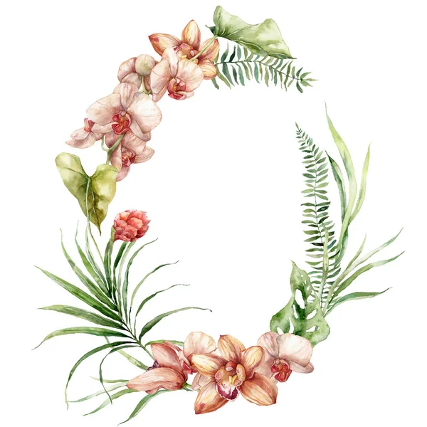 Akwarela Tropikalne Kwiaty Wieniec Storczyków Paproci Liany Ręcznie Malowane Kwiatowe — Zdjęcie stockowe