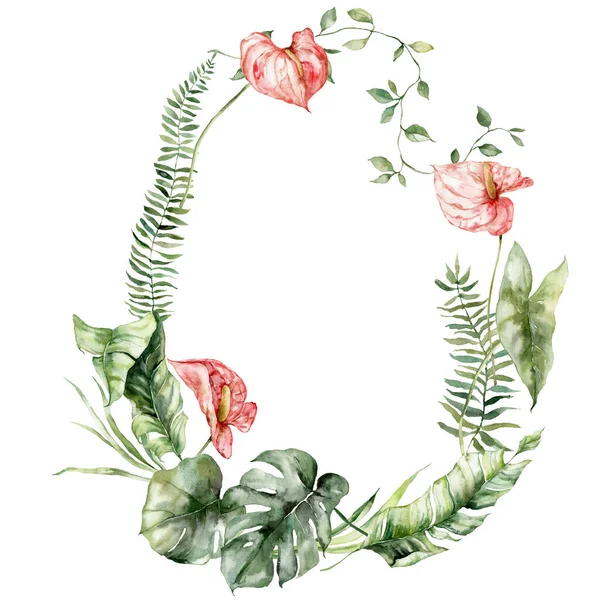 Watercolor Tropical Flowers Wreath Anthurium Fern Liana Hand Painted Floral — Fotografia de Stock