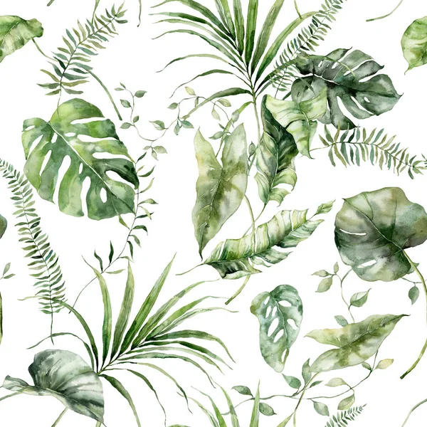 Watercolor Tropical Flowers Seamless Pattern Monstera Banana Fern Hand Painted — Foto de Stock