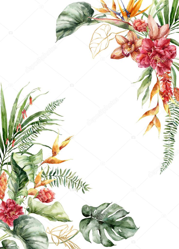 Watercolor tropical flowers border of heliconia, hibiscus, orchid and etlingera. Hand painted floral frame isolated on white background. Holiday Illustration for design, print, fabric or background