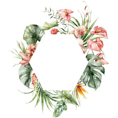 Anthurium, orkide ve helikondan oluşan suluboya bir çiçek çerçevesi. Beyaz arka planda elle boyanmış çiçek kartı. Tasarım, baskı veya kumaş için Tatil Resimleri