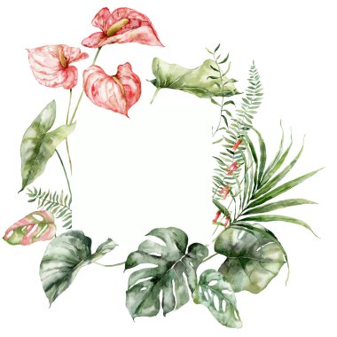Watercolor tropical flowers frame of anthurium, monstera and fern. Hand painted floral border isolated on white background. Holiday Illustration for design, print, fabric or background