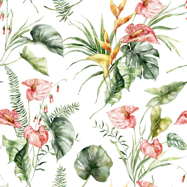 Watercolor Tropical Flowers Seamless Pattern Anthurium Heliconia Banana Calla Hand — Foto de Stock