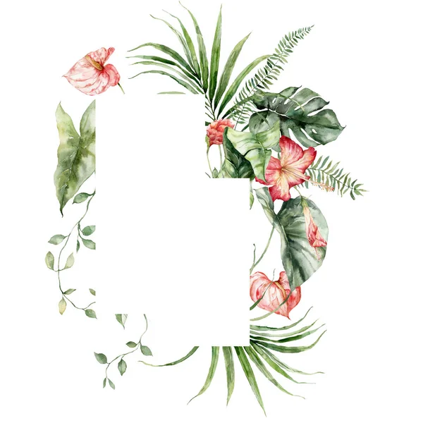 Watercolor Tropical Flowers Frame Anthurium Monstera Hibiscus Banana Hand Painted — Stockfoto
