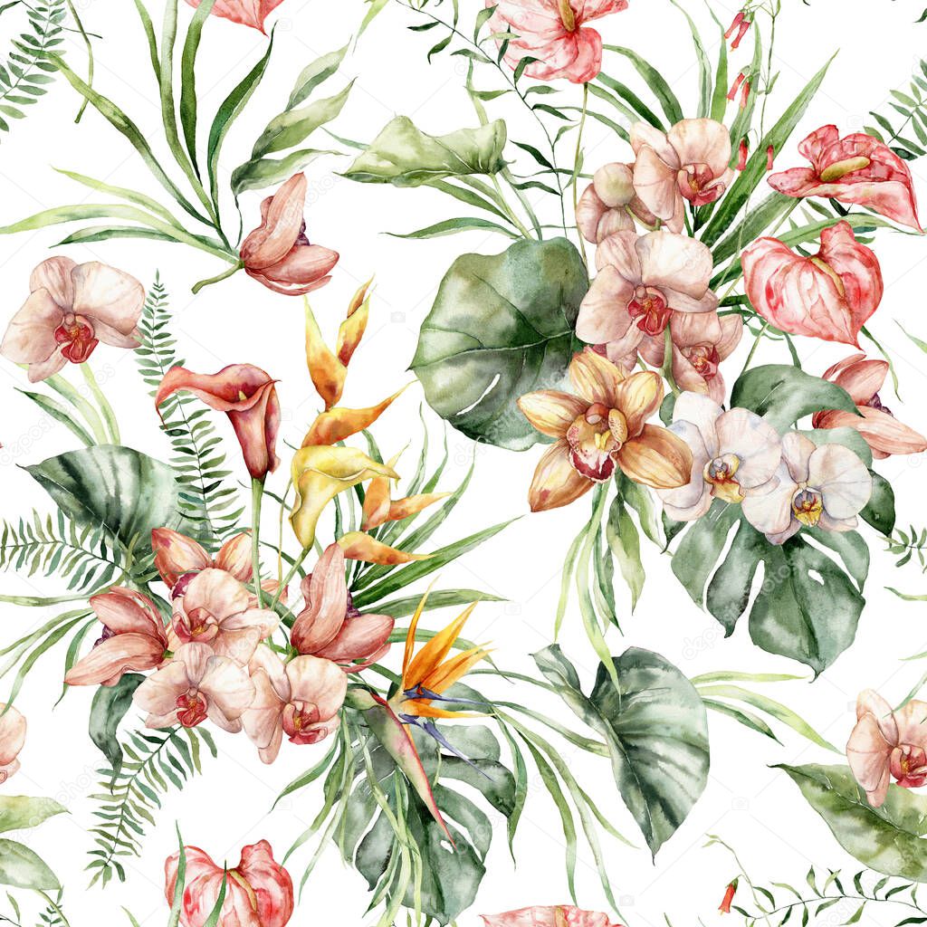Watercolor tropical flowers seamless pattern of anthurium, calla, heliconia and orchid. Hand painted flowers isolated on white background. Holiday Illustration for design, print or fabric