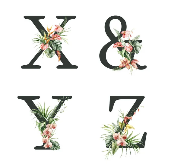 Watercolor Frolal Alphabet Set Black Wild Flowers Hand Painted Floral — 스톡 사진