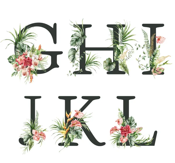 Watercolor Frolal Alphabet Set Black Wild Flowers Hand Painted Floral — 스톡 사진