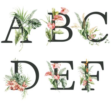 Watercolor frolal alphabet set of black A, B, C, D, E, F with wild flowers. Hand painted floral symbols isolated on white background. Holiday Illustration for design, print, fabric or background