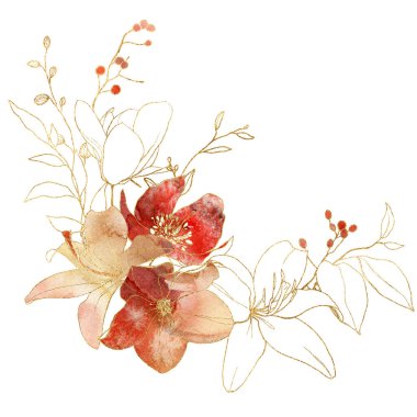 Watercolor bouquet of linear gold flowers. Hand painted abstract composition isolated on white background. Minimalistic illustration for design, print, fabric or background