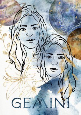 Watercolor poster of zodiak sign gemini. Hand painted abstract card isolated on white background. Minimalistic gold linear illustration for design, print, fabric or background
