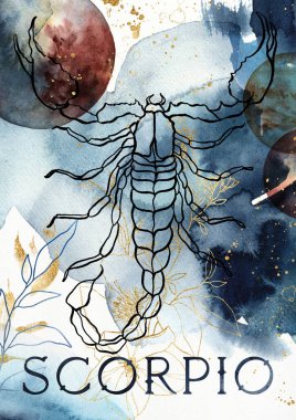 Watercolor poster of zodiak sign scorpio. Hand painted abstract card isolated on white background. Minimalistic gold linear illustration for design, print, fabric or background